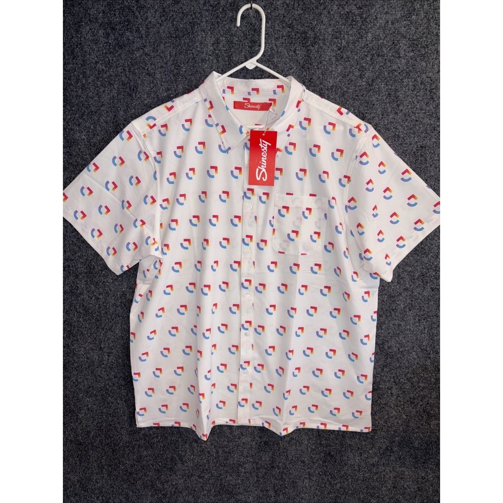 Shinesty ClickUp Logo Print Button Down Shirt White Red Blue NWT‎ Men's Size 2XL